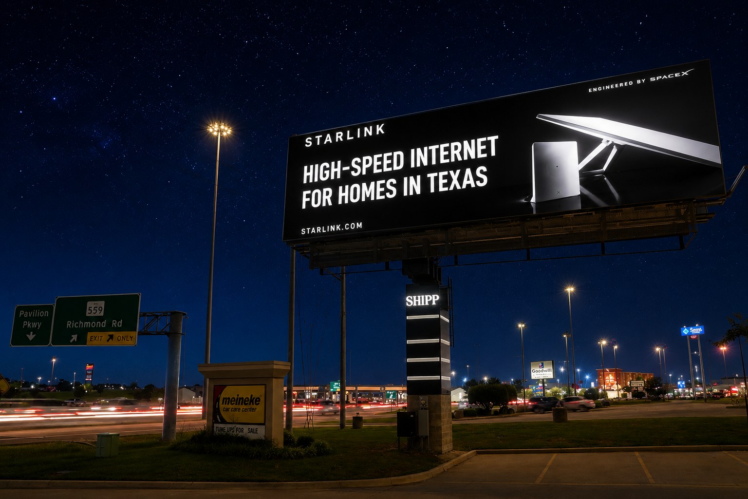 Shipp Outdoor digital billboard lit at night on I-30 at Richmond Road