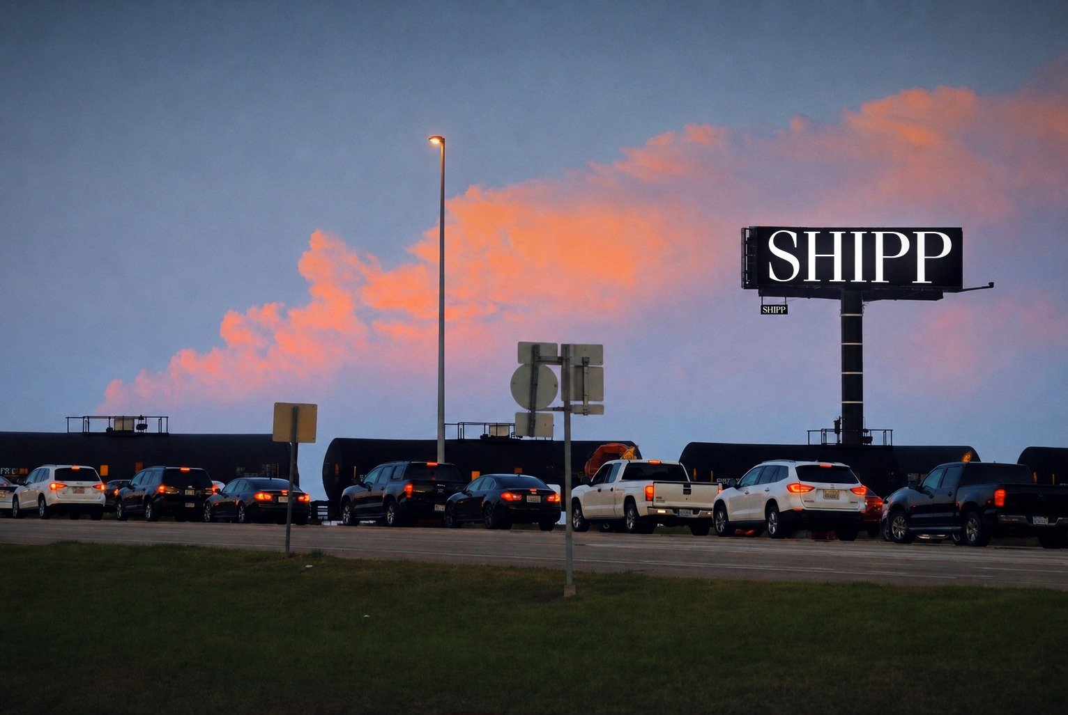 A Shipp digital billboard above bumper-to-bumper traffic stopped for a freight train on Bert Kouns in Shreveport at twilight
